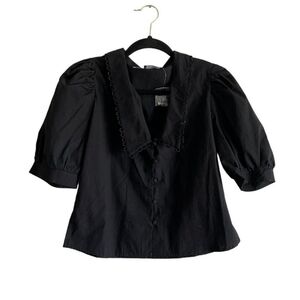 Women M Black Chelsea Collar Puff Short Sleeve Button Up Blouse NWT